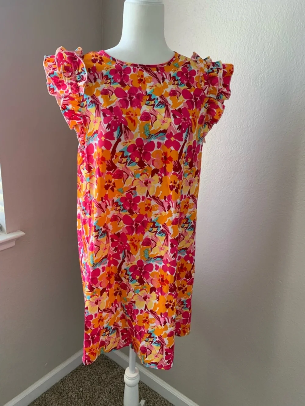 SHEIN Pink & Yellow Floral Ruffle Sleeve Casual Dress - Picture 1 of 6